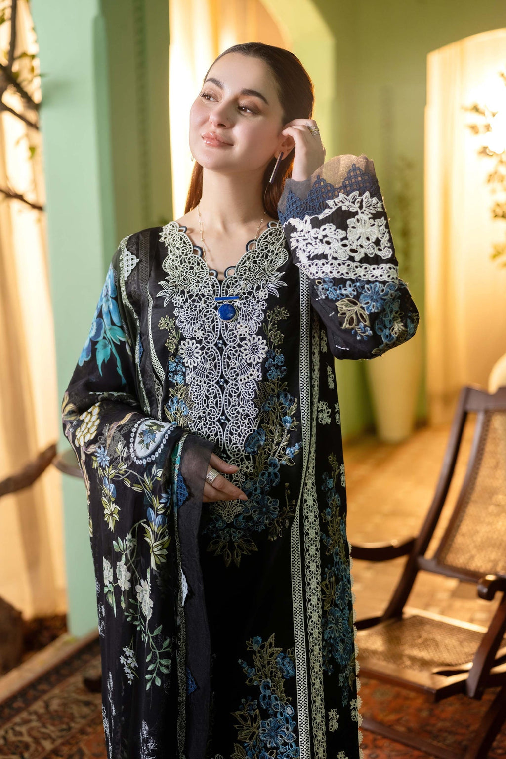JADE-3PC DHANAK EMBROIDERED SHIRT WITH COUTRAI PRINTED SHAWL & DHANAK TOUSER-BIC-4223