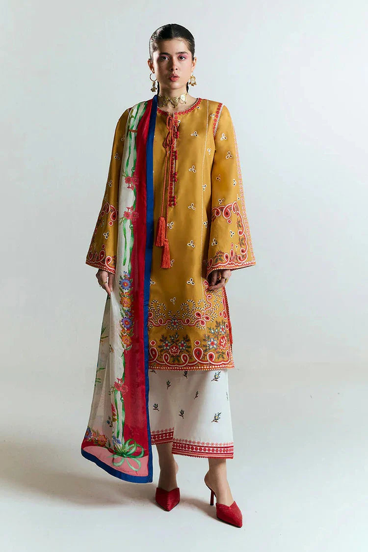 HUSSAIN REHAR - 3PC DHANAK HEAVY EMBROIDERED SHIRT WITH COURTRAI PRINTED SHAWL AND EMB TROUSER-WM-4212