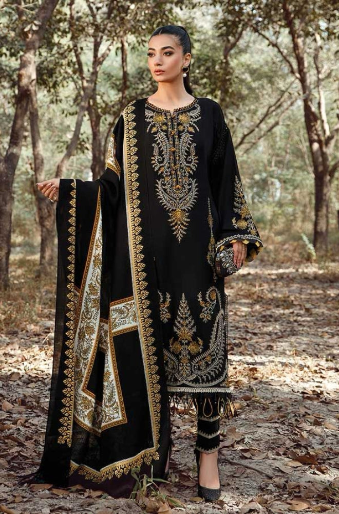 Maria B - 3PC Unstitched Dhanak Embroidered Shirt with Printed Wool Shawl and Trouser