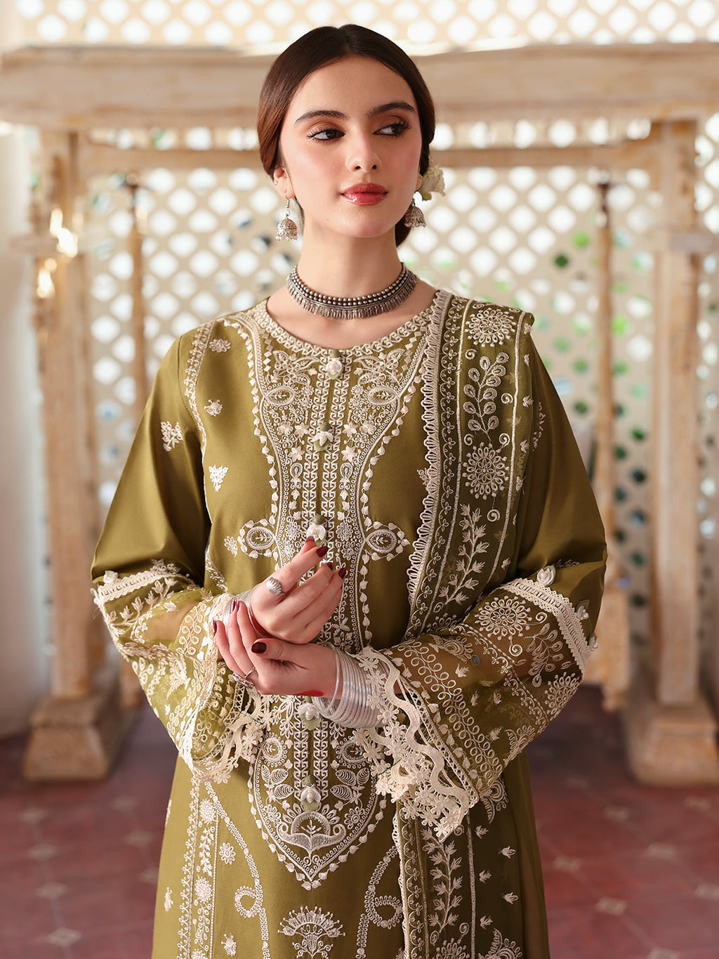 MAHNUR-3PC DHANAK EMBROIDERED SHIRT WITH DHANAK EMBROIDERED SHAWL & TROUSER-BIC-4033