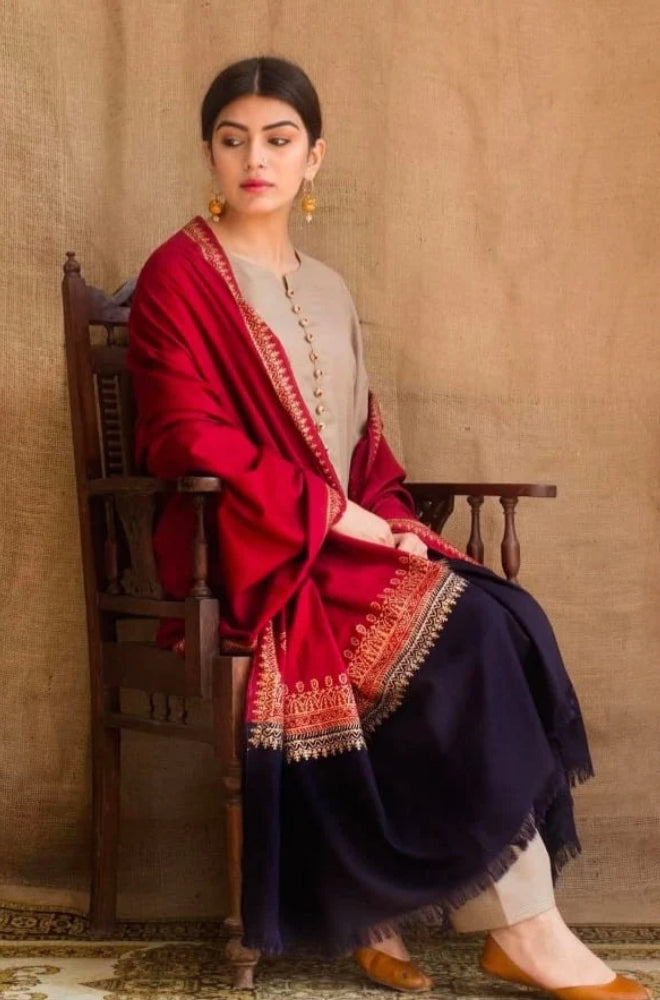 Zarpash - 3PC Unstitched Dhanak Neckline Embroidered Shirt with Printed Wool Shawl and Trouser