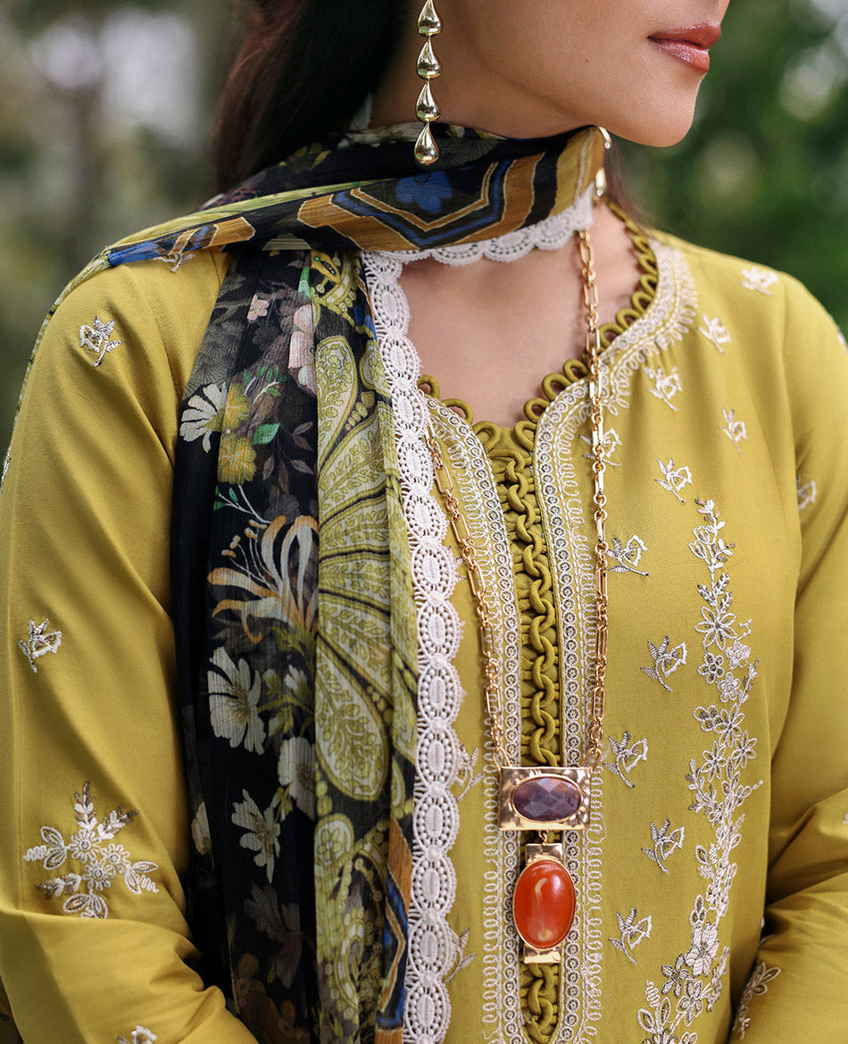 REPUBLIC WOMENSWEAR-3PC DHANAK EMBROIDERED SHIRT WITH COURTRAI PRINTED SHAWL & DHANAK TOUSER-WM-4240