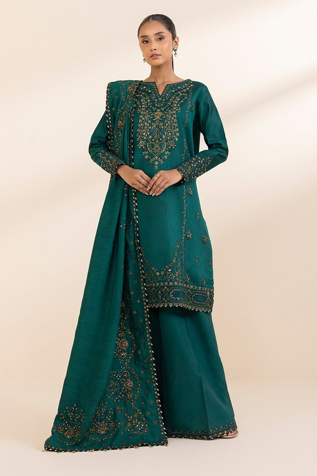 SAPPHIRE-3PC DHANAK EMBROIDERED SHIRT WITH DHANAK EMBROIDERED SHAWL AND TROUSER WM-4225