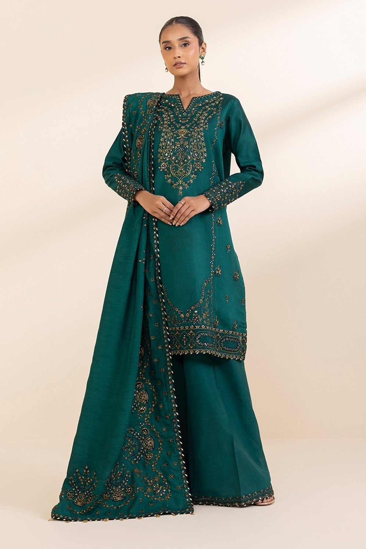 SAPPHIRE-3PC DHANAK EMBROIDERED SHIRT WITH DHANAK EMBROIDERED SHAWL AND TROUSER WM-4225