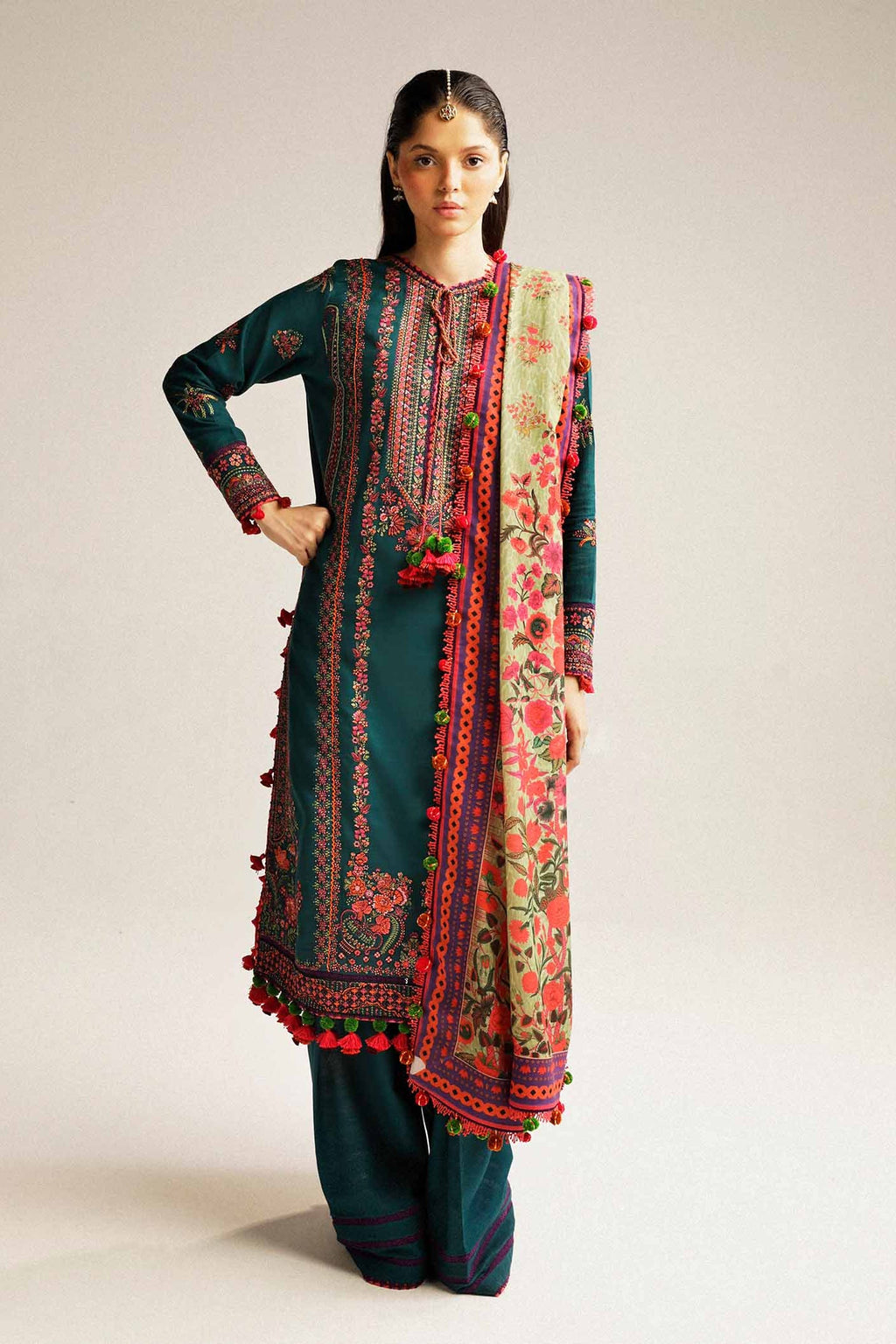 HUSSAIN REHAR LUXURY UNSTITCHED DHANAK EMBROIDERED 3PC WITH DHANAK MARINA READY TO WEAR SHAWL