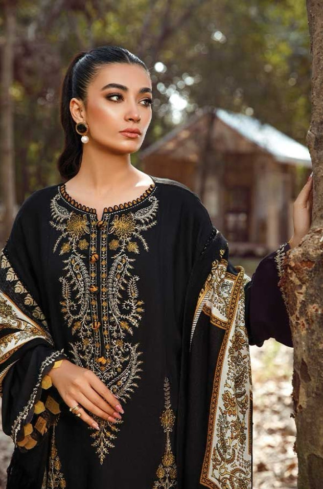 Maria B - 3PC Unstitched Dhanak Embroidered Shirt with Printed Wool Shawl and Trouser