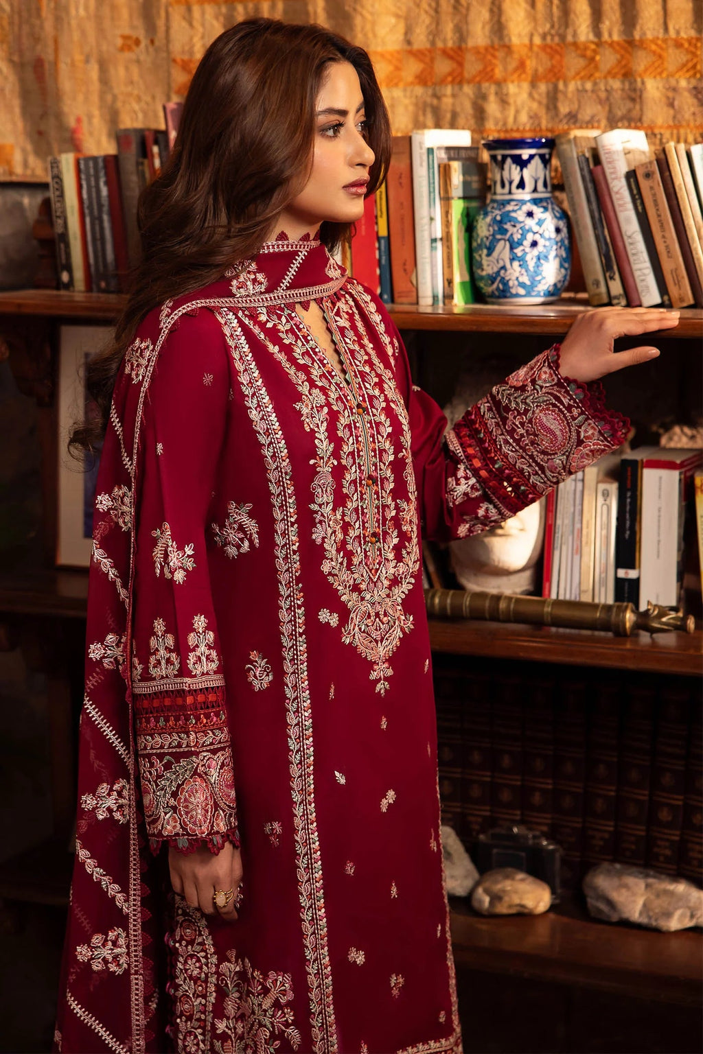 ZAHA- 3PC DHANAK EMBROIDERED SHIRT WITH BAMBER CHIFFON EMBROIDRED DUPATTA-WM-4067