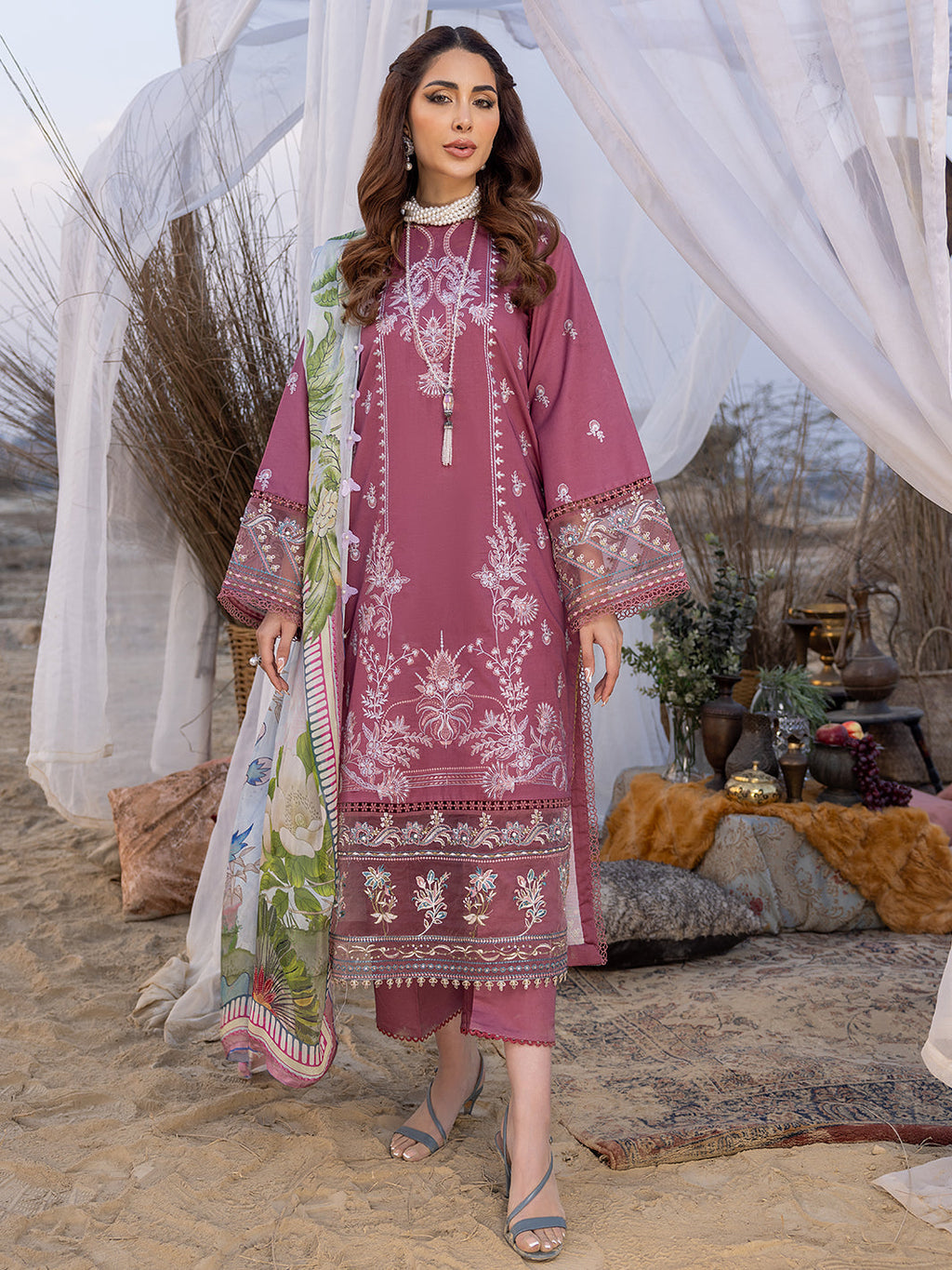 IZEL-3PC DHANAK EMBROIDERED SHIRT WITH COUTRAI PRINTED SHAWL AND TROUSER-WM-4051