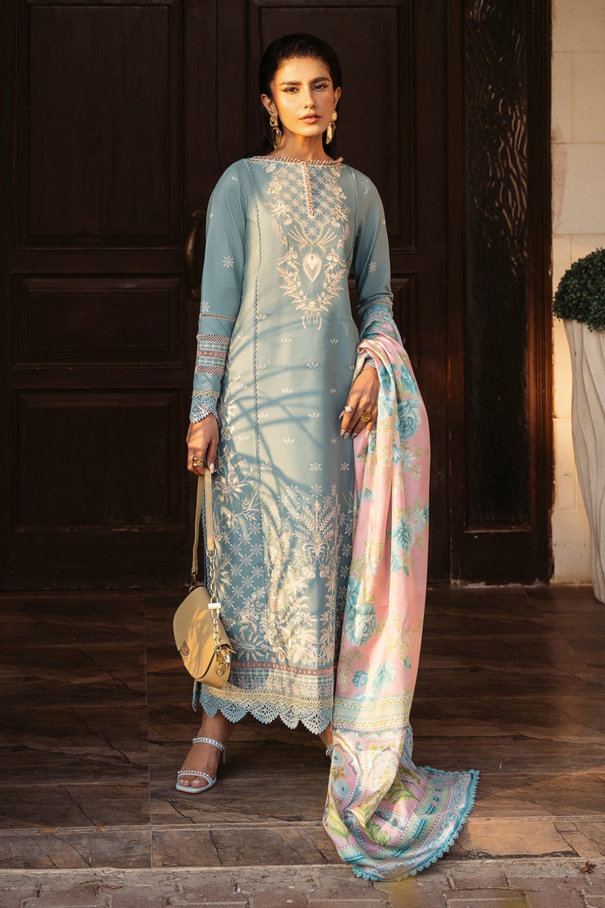 BIN ILYAS-3PC DHANAK SEQUENCE EMBROIDERED SHIRT WITH COUTRAI PRINTED SHAWL & DHANAK TOUSER-4122
