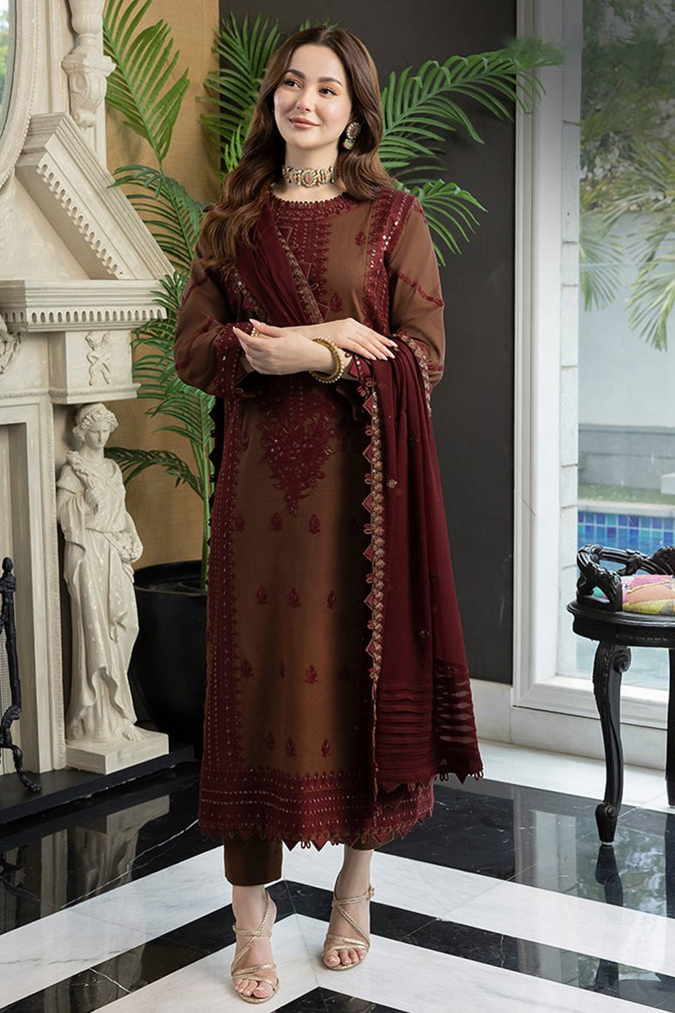 ASIM JOFA-3PC DHANAK EMBROIDERED SHIRT WITH DHANAK EMBROIDERED DUPATTA AND TROUSER-WM-3647