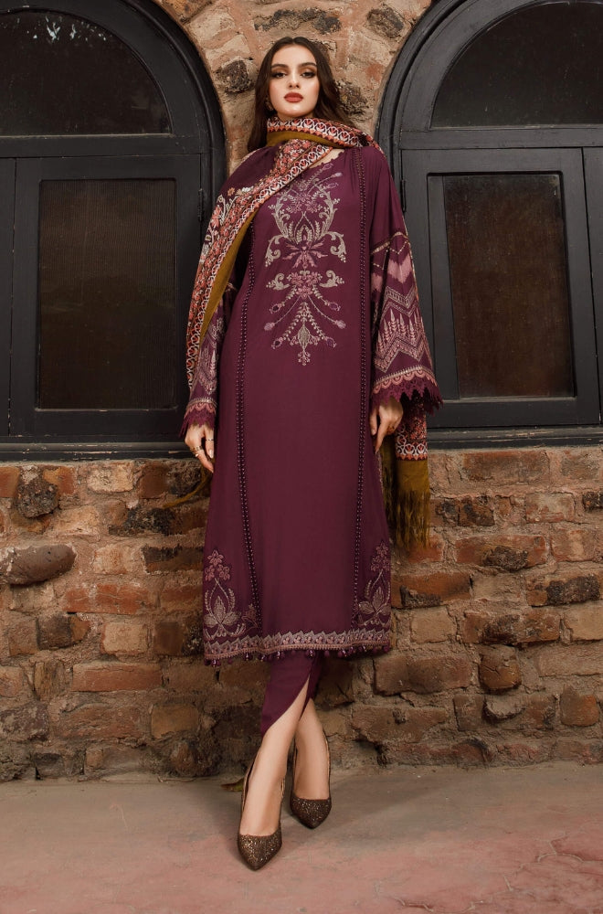 Maria B - 3PC Unstitched Dhanak Embroidered Shirt with Printed Shawl and Trouser MR