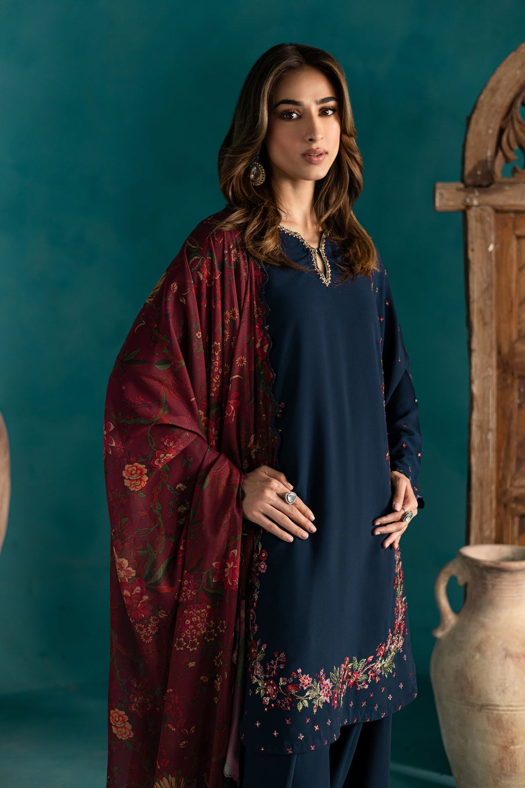 BATIK-3PC DHANAK EMBROIDERED SHIRT WITH COURTRAI PRINTED SHAWL & EMB TROUSER-WM-4231