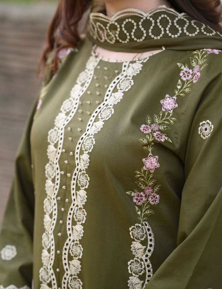 LIBAAS-3PC KARANDI EMBROIDERED SHIRT WITH KARANDI EMBROIDERED SHAWL & EMB TROUSER-WM-4298