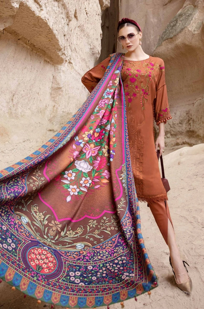 Maria B - 3PC Unstitched Dhanak Embroidered Shirt with Printed Wool Shawl and Trouser