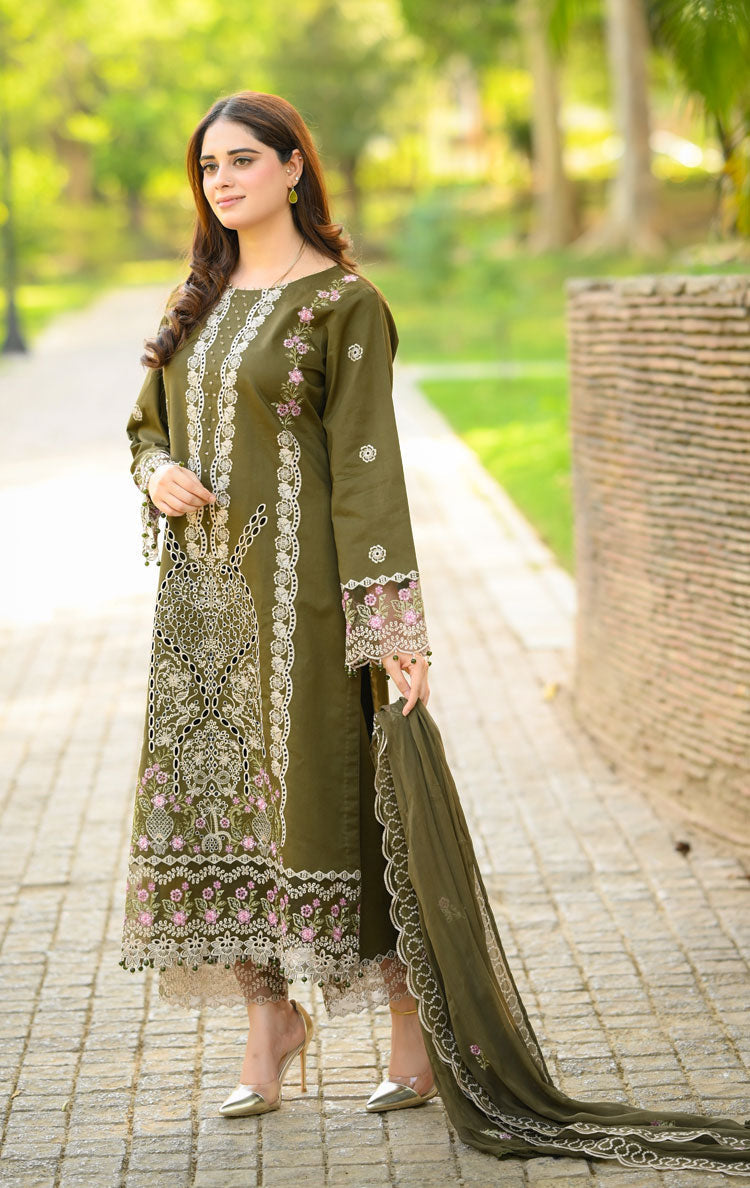 LIBAAS-3PC KARANDI EMBROIDERED SHIRT WITH KARANDI EMBROIDERED SHAWL & EMB TROUSER-WM-4298