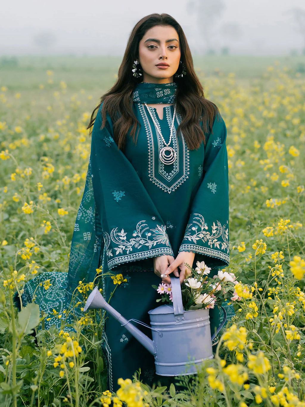 IZEL-3PC DHANAK EMBROIDERED SHIRT WITH COURTRAI PRINTED SHAWL AND TROUSER-BIC-4107