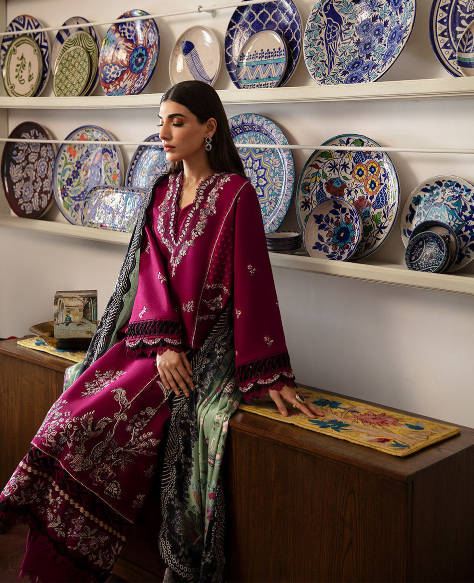 REPUBLIC-3PC DHANAK SEQUENCE EMBROIDERED SHIRT WITH COURTRAI PRINTED SHAWL & DHANAK TOUSER-WM-4209