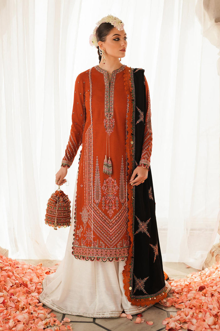 HUSSAIN REHAR LUXURY UNSTITCHED DHANAK EMBROIDERED 3PC WITH DHANAK MARINA READY TO WEAR SHAWL