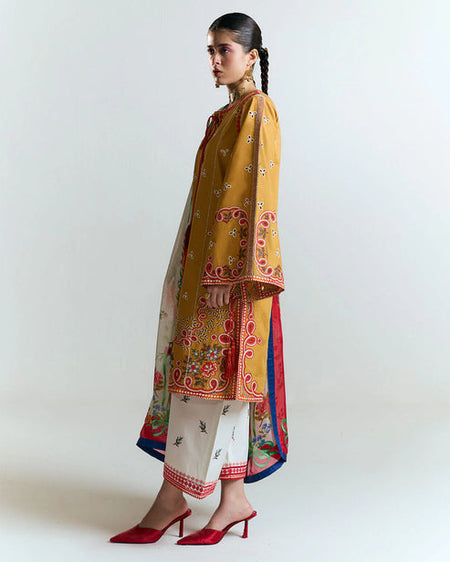 HUSSAIN REHAR - 3PC DHANAK HEAVY EMBROIDERED SHIRT WITH COURTRAI PRINTED SHAWL AND EMB TROUSER-WM-4212