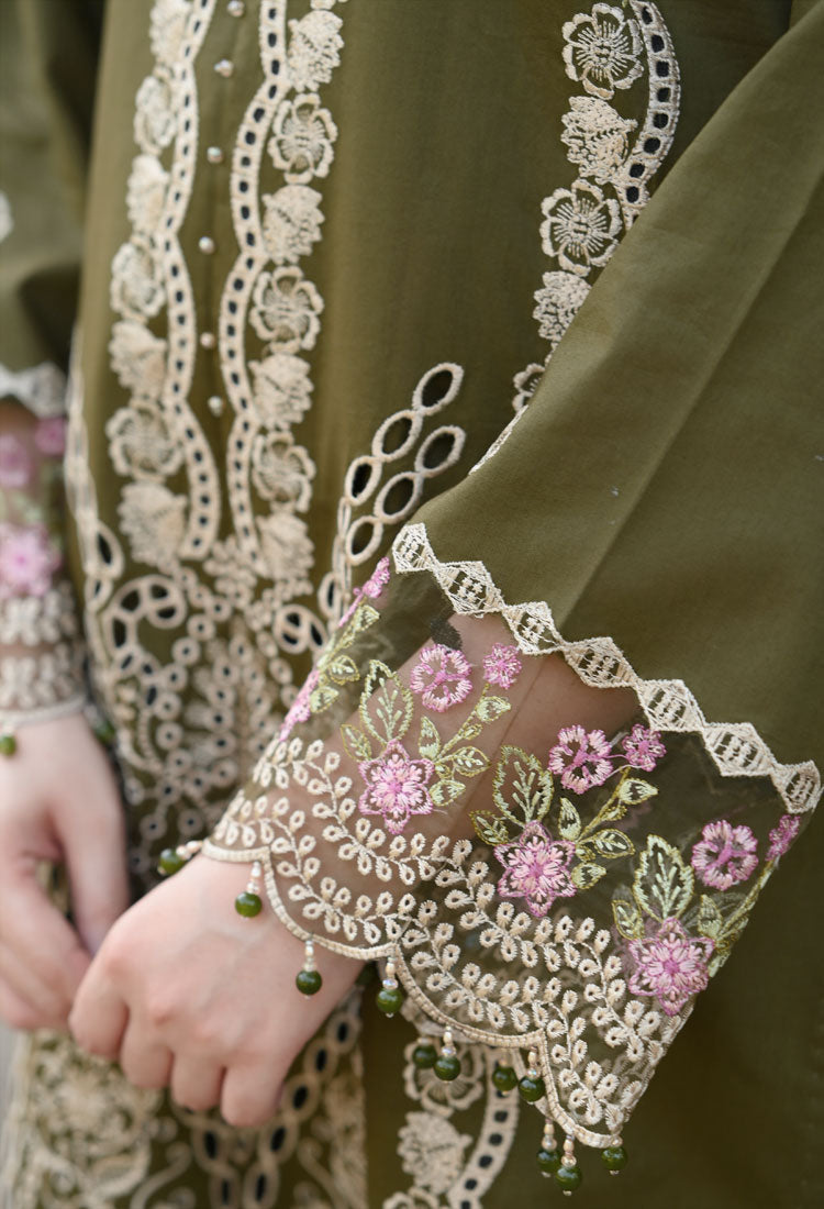 LIBAAS-3PC KARANDI EMBROIDERED SHIRT WITH KARANDI EMBROIDERED SHAWL & EMB TROUSER-WM-4298