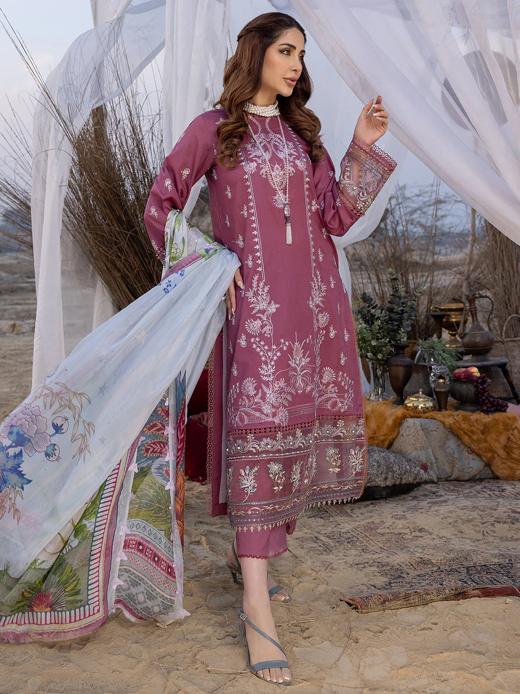 IZEL-3PC DHANAK EMBROIDERED SHIRT WITH COUTRAI PRINTED SHAWL AND TROUSER-WM-4051