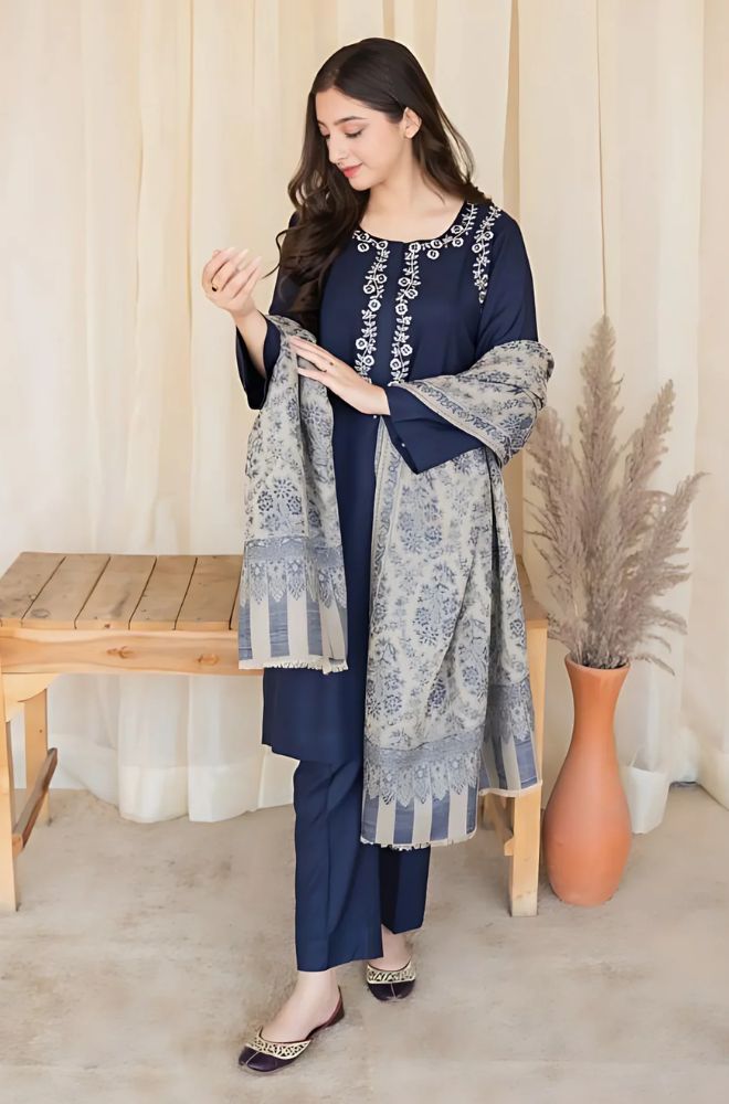 Aisling - 3PC Unstitched Dhanak Embroidered Shirt with Embroidered Dupatta and Trouser