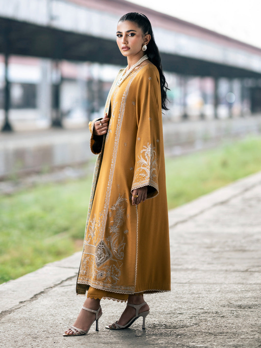 IZEL - 3PC DHANAK EMBROIDERED SHIRT WITH TWILL PRINTED SHAWL AND TROUSER