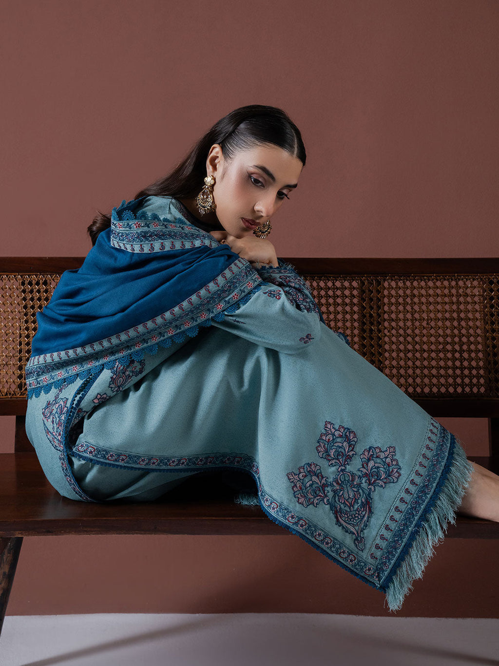 ASIM JOFA-3PC DHANAK EMBROIDERED SHIRT WITH DHANAK EMBROIDERED SHAWL & TROUSER-BIC-4217