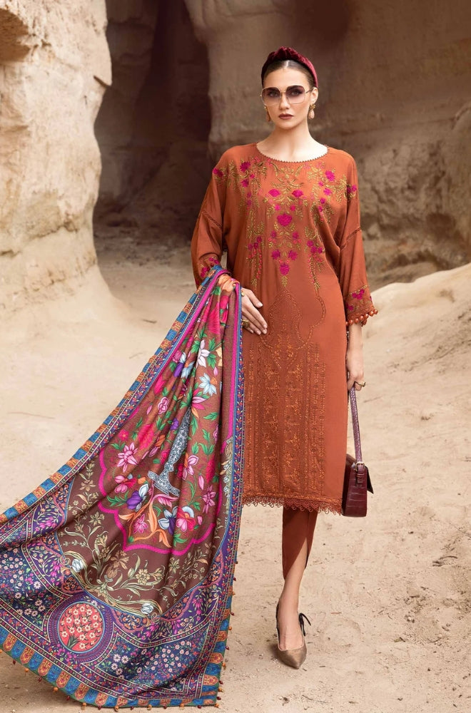 Maria B - 3PC Unstitched Dhanak Embroidered Shirt with Printed Wool Shawl and Trouser