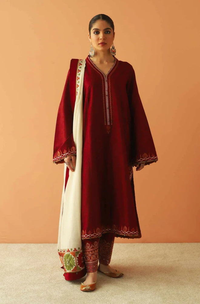 Zara Shah Jahan - 3PC Unstitched Dhanak Embroidered Shirt with Embroidered Back and Pashmina Printed Shawl