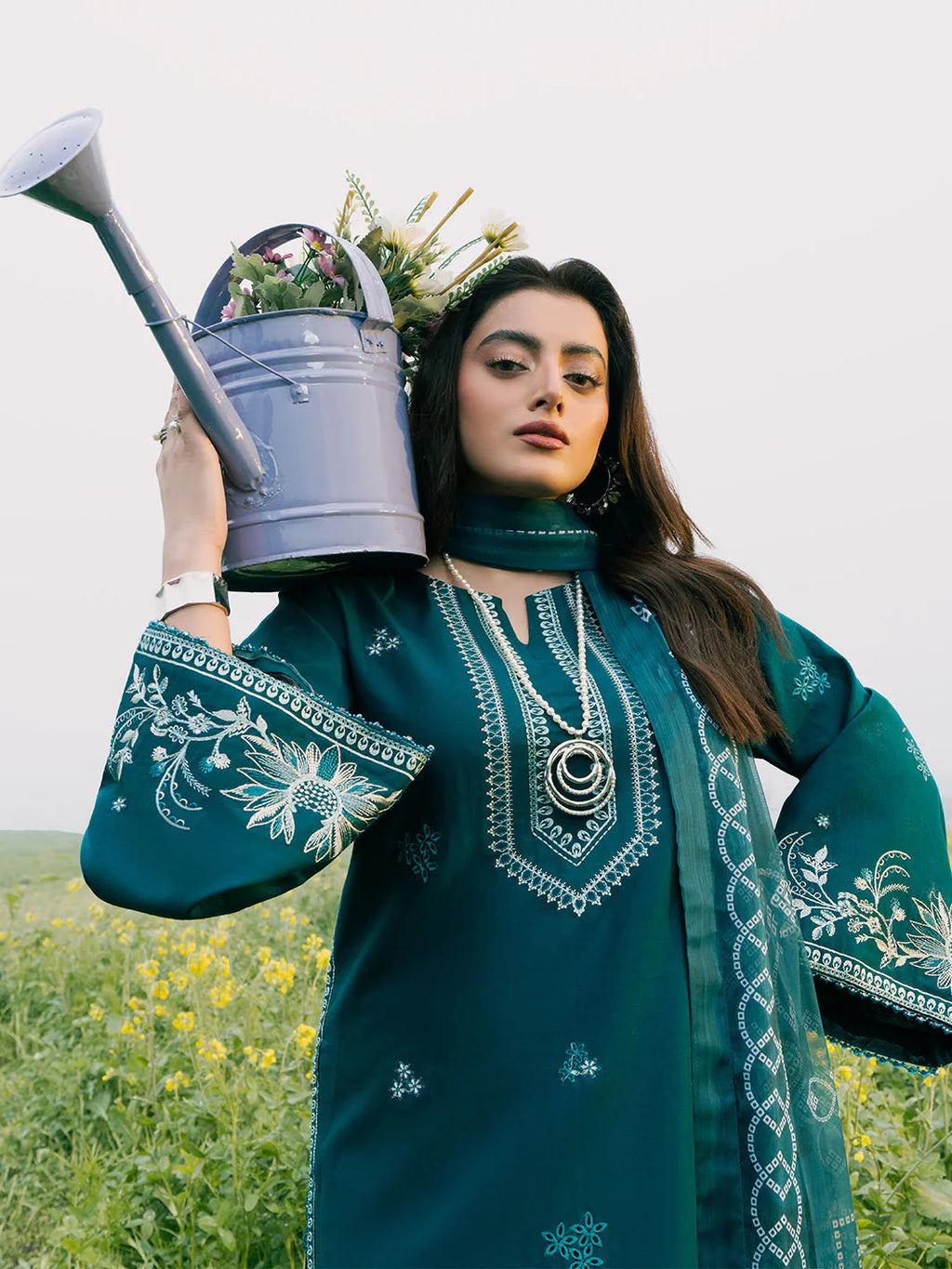 IZEL-3PC DHANAK EMBROIDERED SHIRT WITH COURTRAI PRINTED SHAWL AND TROUSER-BIC-4107