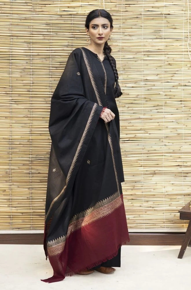 Zarpash - 3PC Unstitched Dhanak Neckline Embroidered Shirt with Printed Wool Shawl and Trouser