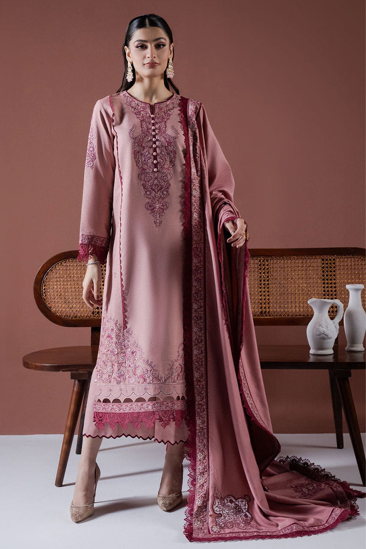 ASIM JOFA-3PC DHANAK EMBROIDERED SHIRT WITH DHANAK EMBROIDERED SHAWL & TROUSER-BIC-4217