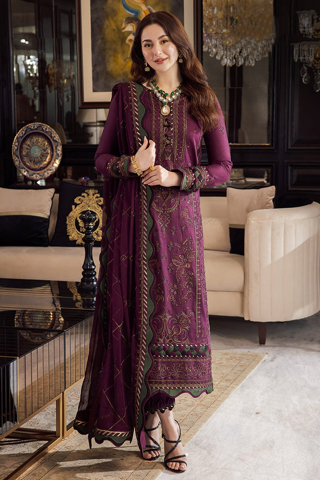 ASIM JOFA-3PC DHANAK EMBROIDERED SHIRT WITH DHANAK EMBROIDERED SHAWL & DHANAK TOUSER-WM-4291