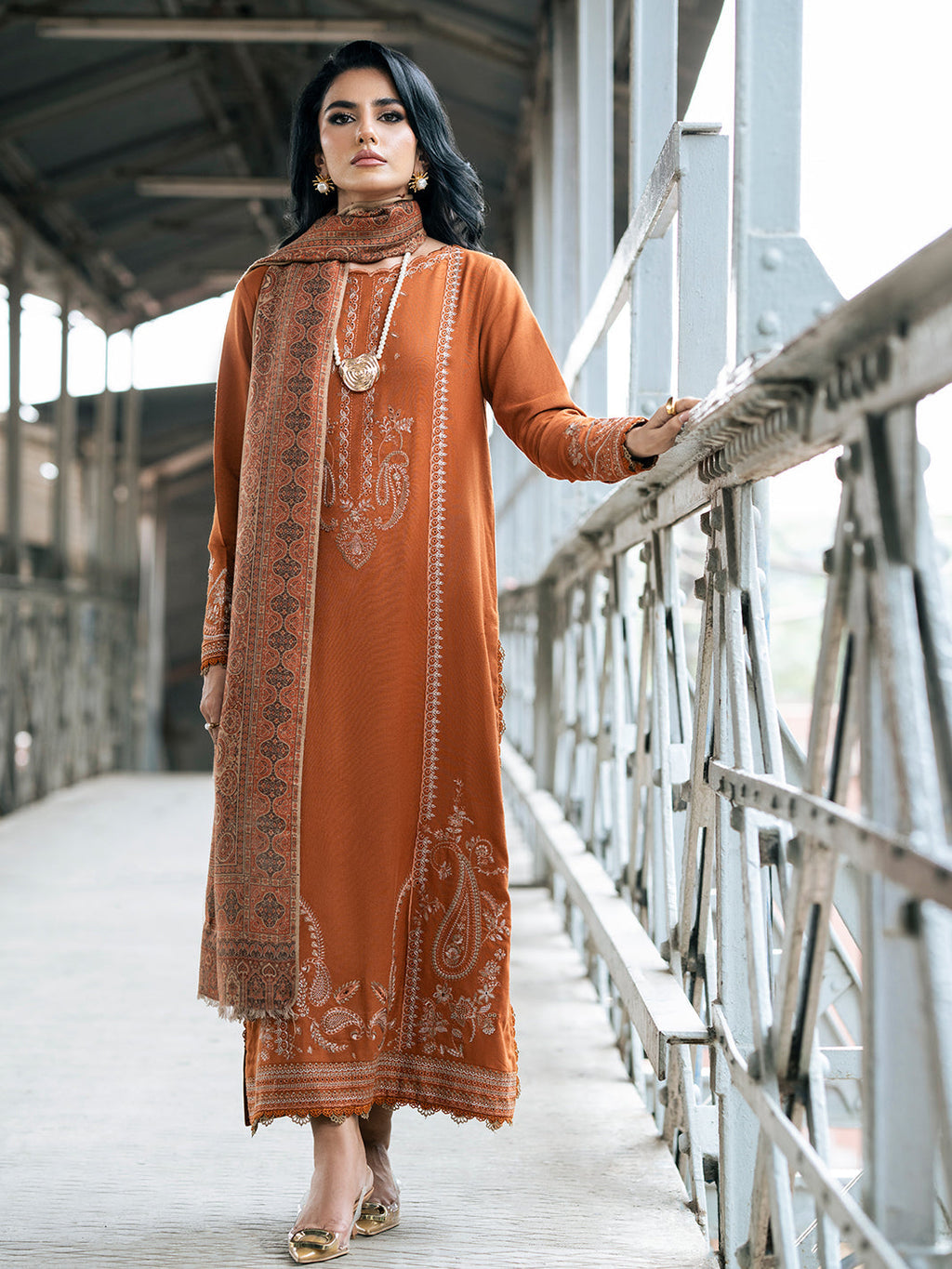 IZEL-3PC DHANAK EMBROIDERED SHIRT WITH COURTRAI PRINTED SHAWL AND TROUSER-WM-4146