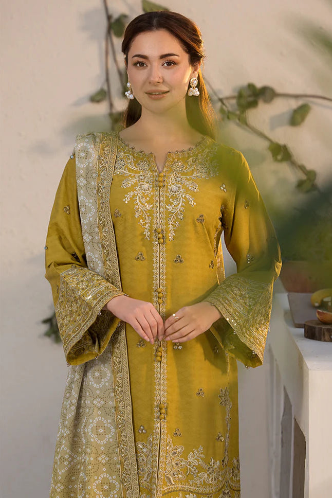 JADE - 3PC DHANAK EMBROIDERED SHIRT WITH DIGITAL PRINT SHAWL AND DYED TROUSER