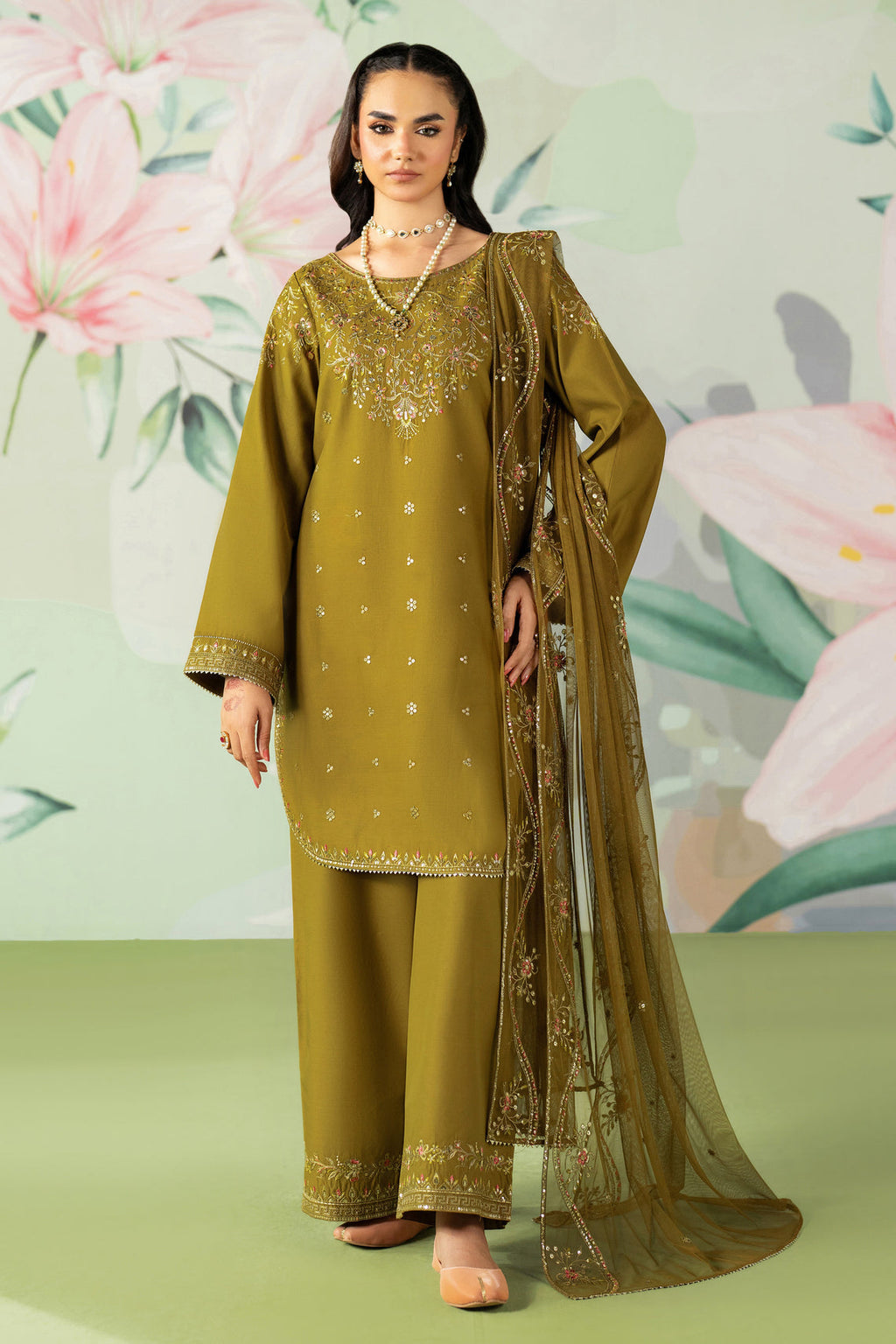 ETHNC-3PC DHANAK SEQUIN EMBROIDERED SHIRT WITH COTTON NET EMBROIDERED DUPATTA AND TROUSER-WM-4194