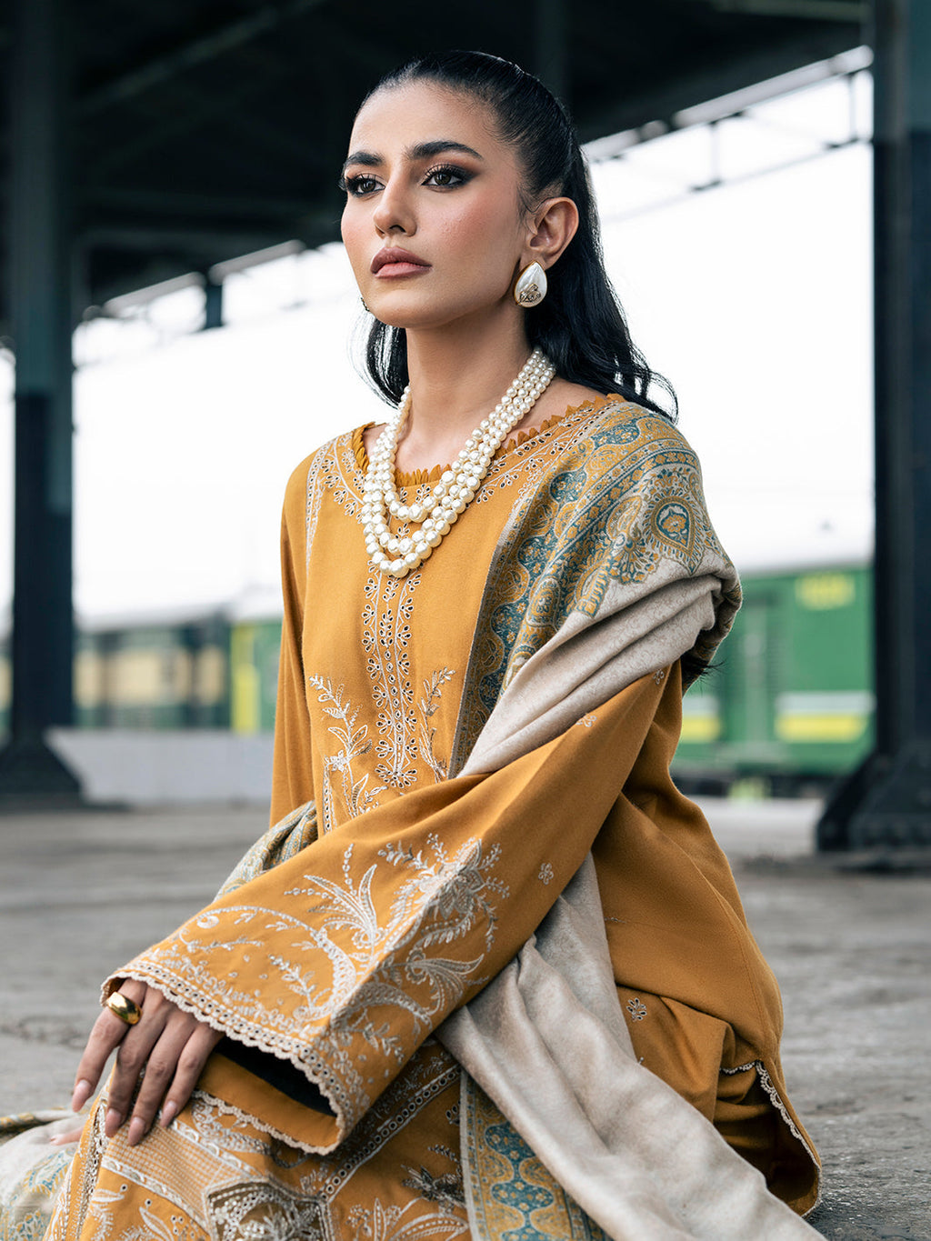 IZEL - 3PC DHANAK EMBROIDERED SHIRT WITH TWILL PRINTED SHAWL AND TROUSER