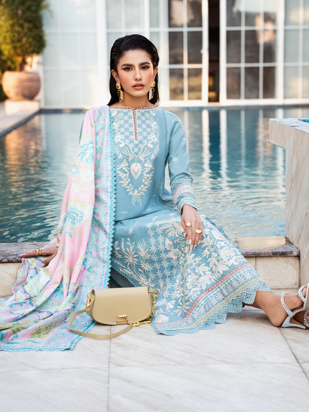 BIN ILYAS-3PC DHANAK SEQUENCE EMBROIDERED SHIRT WITH COUTRAI PRINTED SHAWL & DHANAK TOUSER-4122
