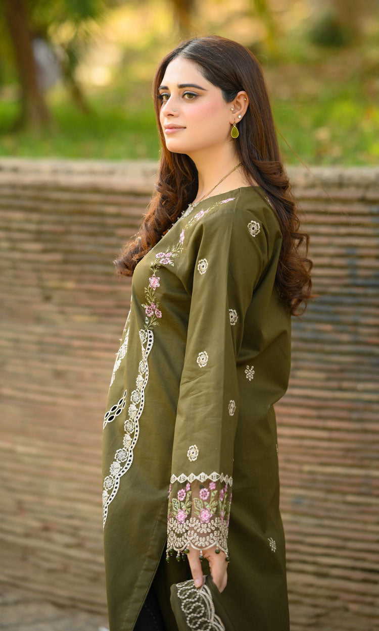 LIBAAS-3PC KARANDI EMBROIDERED SHIRT WITH KARANDI EMBROIDERED SHAWL & EMB TROUSER-WM-4298