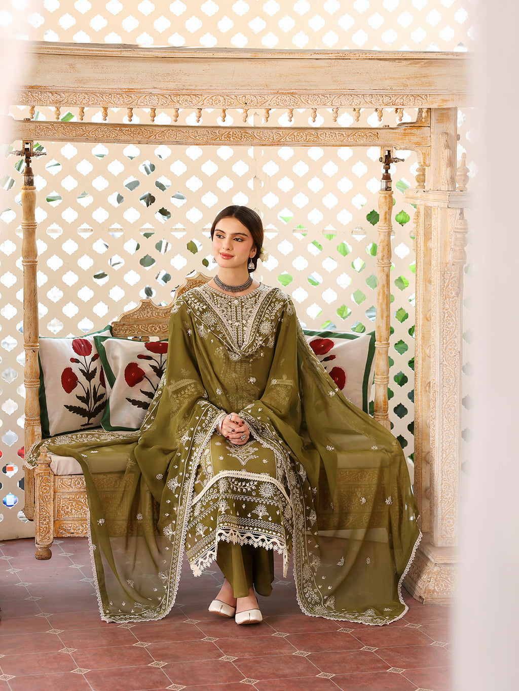 MAHNUR-3PC DHANAK EMBROIDERED SHIRT WITH DHANAK EMBROIDERED SHAWL & TROUSER-BIC-4033