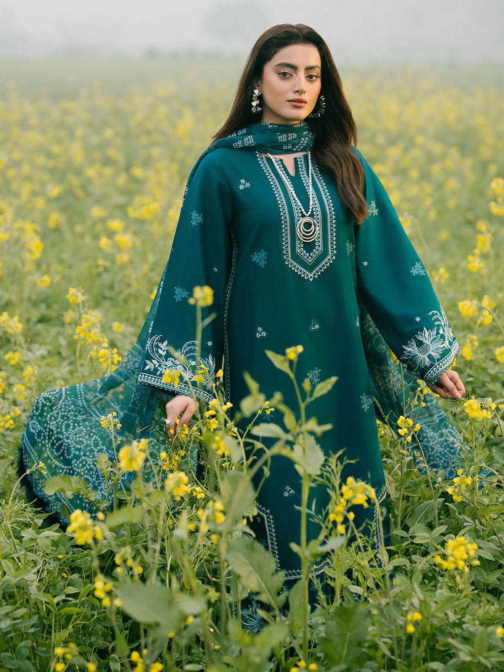 IZEL-3PC DHANAK EMBROIDERED SHIRT WITH COURTRAI PRINTED SHAWL AND TROUSER-BIC-4107