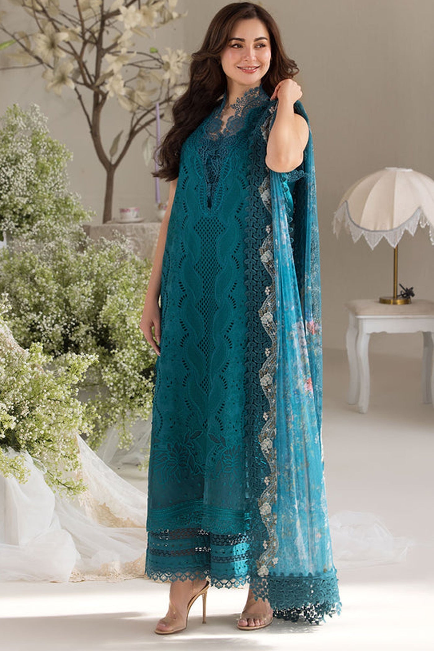 SOBIA NAZIR-3PC DHANAK CHIKAN EMBROIDERED SHIRT WITH COURTRAI PRINTED SHAWL AND TROUSER WM-4096