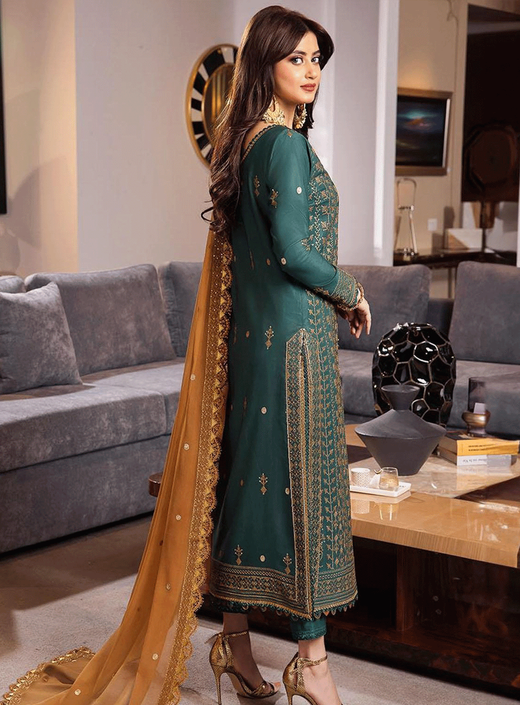 ASIM JOFA-3PC DHANAK EMBROIDERED SHIRT WITH CHIFFON EMBROIDERED DUPATTA AND TROUSER -WM-4153