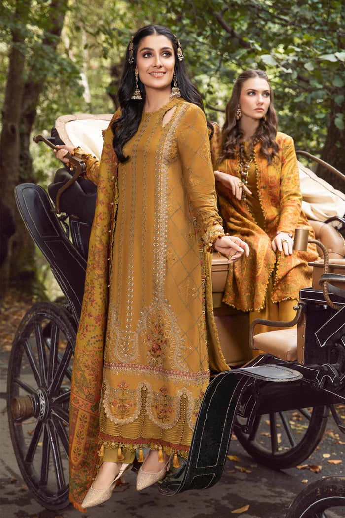 Maria B - 3PC Unstitched Dhanak Embroidered Shirt with Printed Pashmina Wool Shawl and Trouser