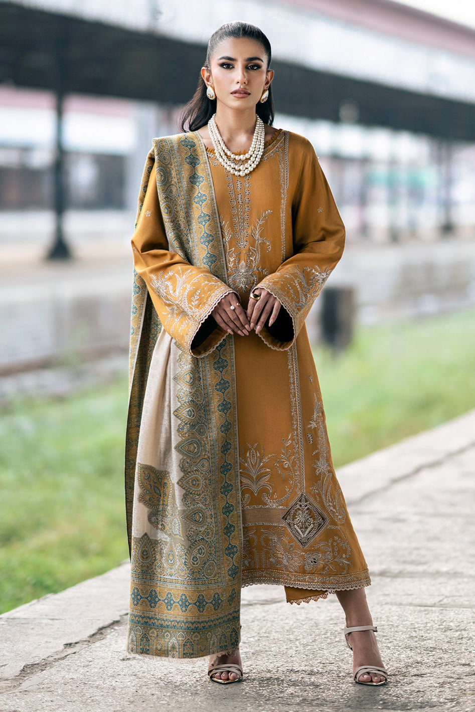 IZEL - 3PC DHANAK EMBROIDERED SHIRT WITH TWILL PRINTED SHAWL AND TROUSER