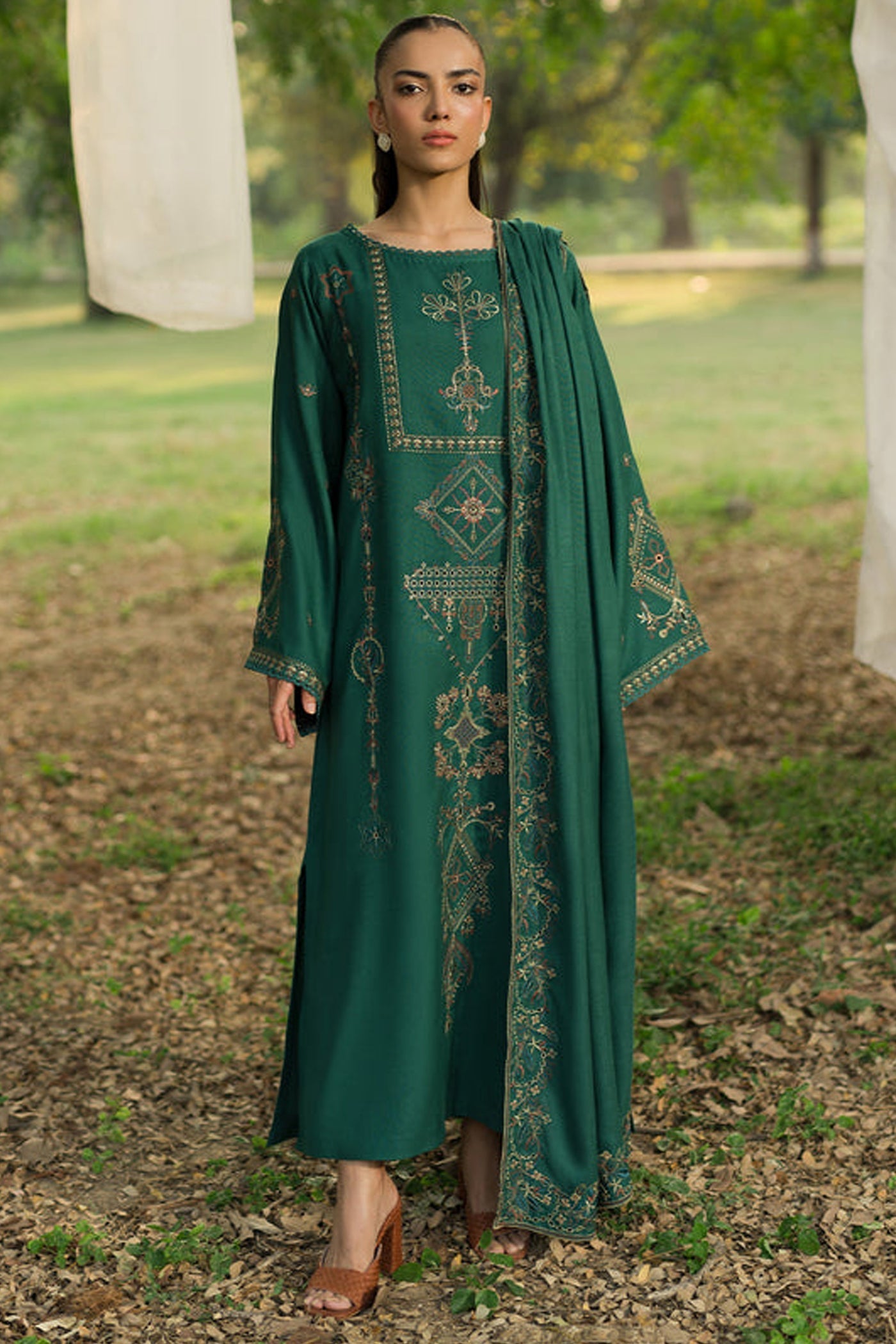 SAPPHIRE-3PC DHANAK EMBROIDERED SHIRT WITH DHANAK EMBROIDERED SHAWL AND TROUSER-BIC-4098