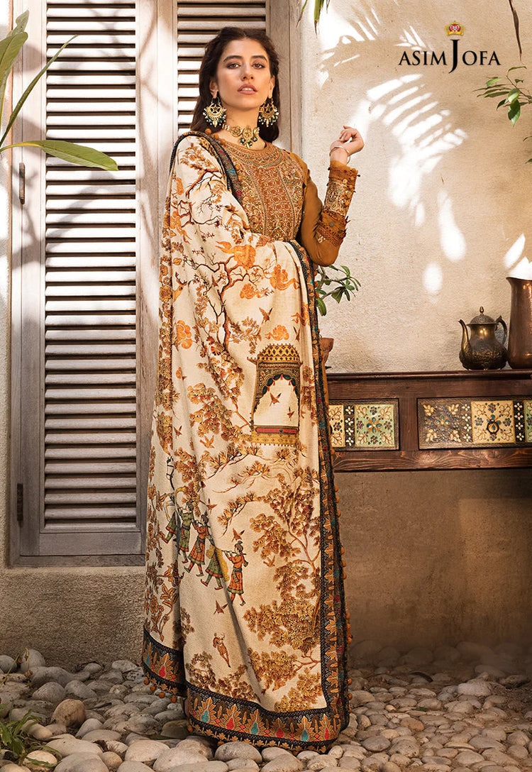 ASIM JOFA-3PC DHANAK EMBROIDERED SHIRT WITH COURTRAI PRINTED SHAWL & TROUSR-WM-4135