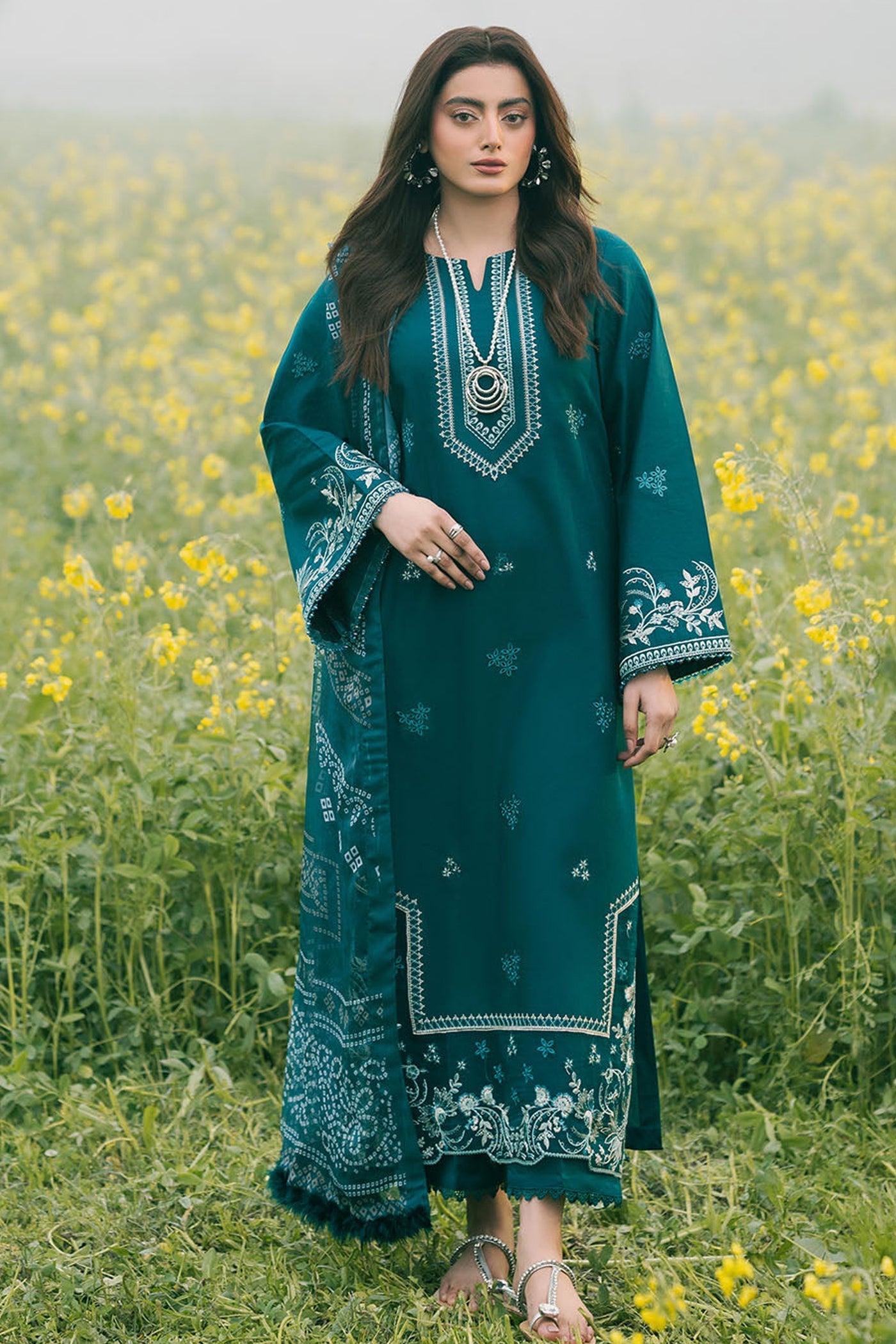 IZEL-3PC DHANAK EMBROIDERED SHIRT WITH COURTRAI PRINTED SHAWL AND TROUSER-BIC-4107