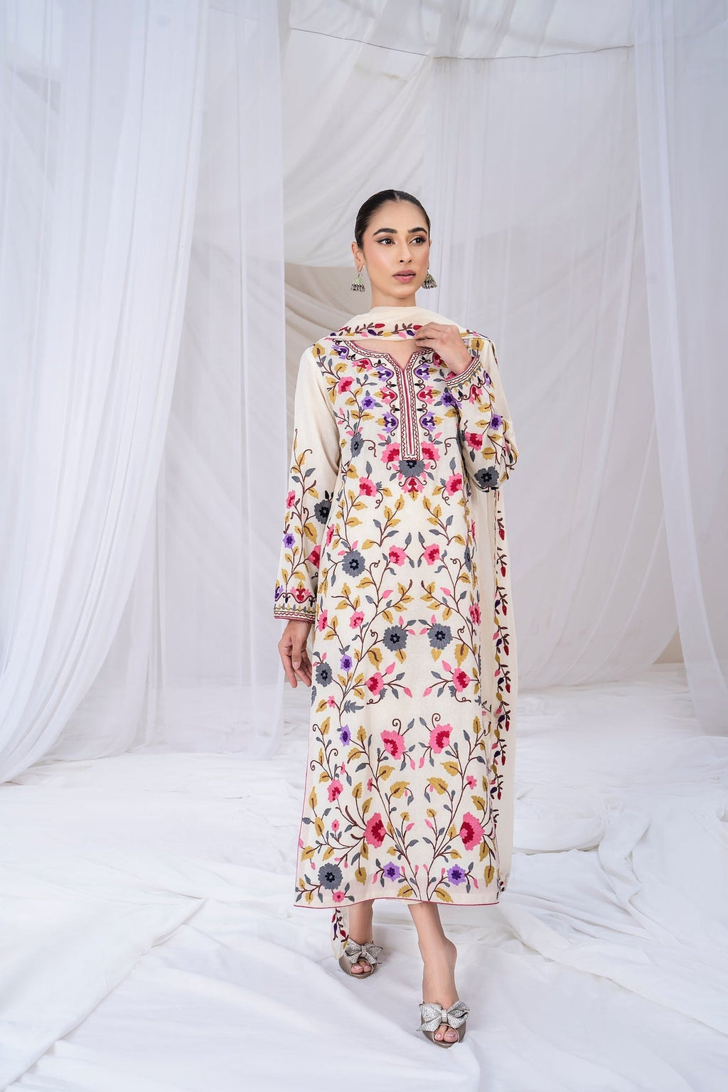 SAPPHIRE-3PC DHANAK EMBROIDERED SHIRT WITH BAMBER CHIFFON EMBROIDERED DUPATTA & TROUSER-WM-4299